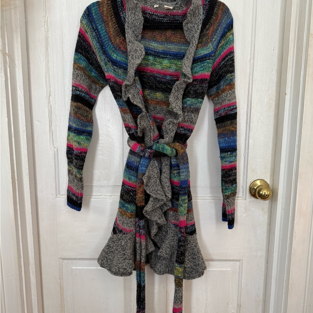 Multicolor Striped Knit Cardigan with Tie Waist